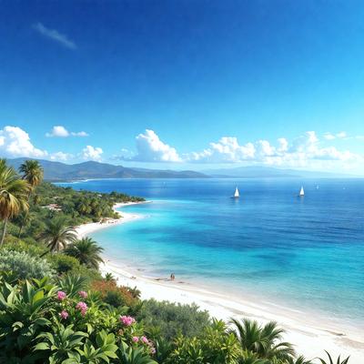 The primary subject of the image is a beautiful beach scene with a clear blue ocean and a sandy shore. The setting includes a lush green hillside, a sandy beach, and a clear blue sky. The visual style of the image is a photo, capturing the natural beauty of the beach and the ocean. The colors and mood of the image are vibrant and serene, with the blue ocean and green hillside creating a sense of tranquility and relaxation.